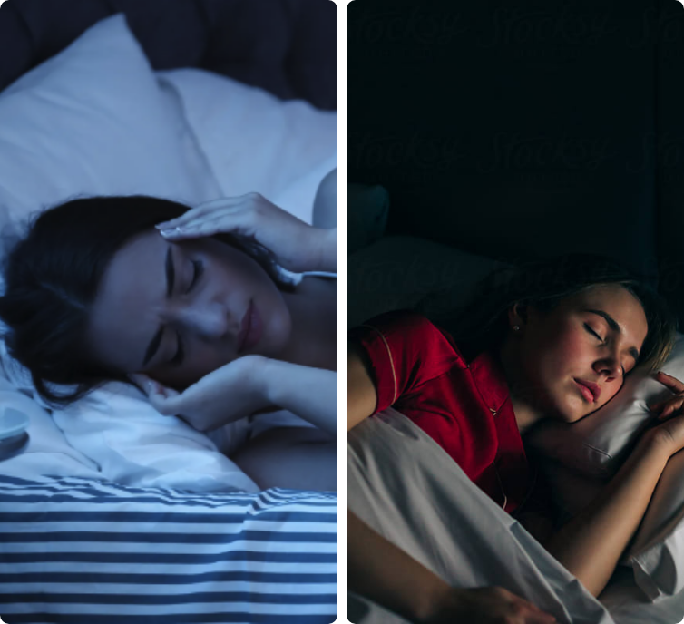 Woman having difficulty sleeping contrasted with woman sleeping soundly